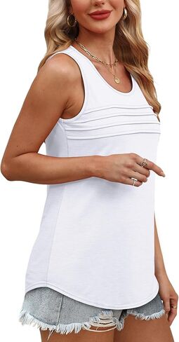 OFEEFAN Tank Top for Women Summer Outfits Sleeveless Blouses Dressy Casual Loose Fit Shirts Scooped Neck Pleated Front in Kuwait