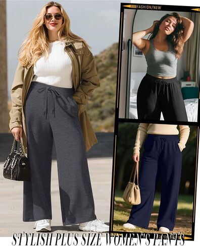 Huukeay 3 Pack Women's Plus Size Pants Wide Leg Yoga Pants Baggy Lounge Sweatpants with Pockets Drawstring High Waist Jogger in Kuwait