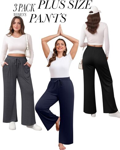 Huukeay 3 Pack Women's Plus Size Pants Wide Leg Yoga Pants Baggy Lounge Sweatpants with Pockets Drawstring High Waist Jogger in Kuwait