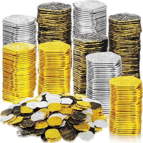 Hanaive 100 Pcs Pirate Coins Plastic Kids Fake Play Replica Spanish Doubloons St. Patrick's Coin for Pirate Party Treasure Chest Board Games Tokens Toys Cosplay (Gold, Silver, Bronze,Round) in Saudi Arabia