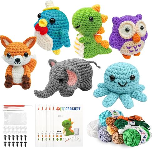 6pcs Crochet Kit للمبتدئين ، 2025 مجموعة الحياكة مع دروس فيديو خطوة بخطوة ، مجموعة الكروشيه المبتدئين للبالغين ، مجموعة Crochet Animal Kits Kids ، مجموعة كاملة من الحيوانات اللطيفة in Kuwait