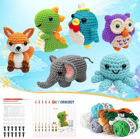 6pcs Crochet Kit للمبتدئين ، 2025 مجموعة الحياكة مع دروس فيديو خطوة بخطوة ، مجموعة الكروشيه المبتدئين للبالغين ، مجموعة Crochet Animal Kits Kids ، مجموعة كاملة من الحيوانات اللطيفة in Kuwait