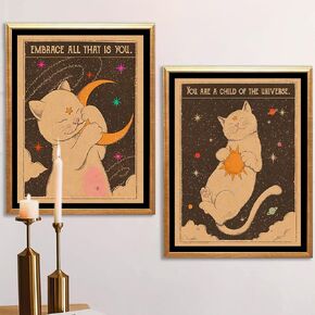 LOARTVE 2 Pcs of Sun and Moon Retro Tarot Card Wall Art Hippie Cat Canvas Posters Prints Mysterious Astrology Aesthetics Wall Decor Pictures Living Room Bedroom Home Decoration 16x24in Unframed