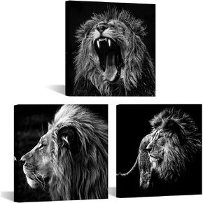 KREATIVE ARTS - 3 Panels Lion King Black and White Canvas Prints Wall Art Modern Painting Wall Pictures for Living Room Office Decoration Ready to Hang (12x12inchx3pcs/set)