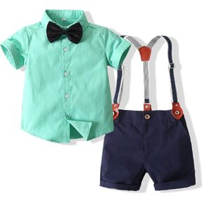 EVGVAT Toddler Baby Boys Outfit Sets Boy Short Sleeve Gentleman Dress Shirt with Bowtie Suspender Pants in Kuwait