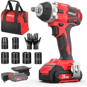 POPULO 20V Cordless Impact Wrench, Powerful ½" Chuck with 350Nm Torque and 0-3,000 Impact, Includes 6 Drive Impact Sockets, 2.0Ah Li-ion Battery, Fast Charger, Gloves, and Tool Bag in Kuwait