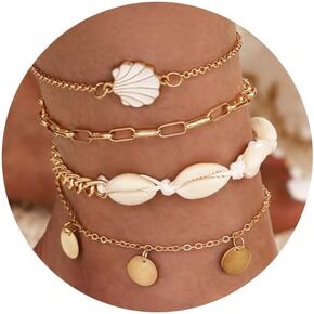 Kprusoian 4Pcs Beach Natural White Shell Anklet Set,Adjustabe Handmade Waterproof Multilayer Conch Anklet Set for Women Girls Foot Jewelry