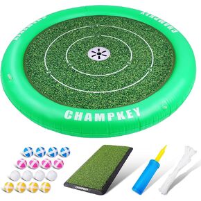 CHAMPKEY 3' x 3' Floating Golf Chipping Green - Premium Floating Golf Chipping Game - Come with Golf Hitting Mat, 16 Velcro Balls, Air Pump and Nylon Rope