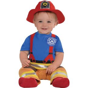 amscan First Fireman Halloween Costume for Babies, 6-12 Months, with Red Hat and attached Suspenders and Badge
