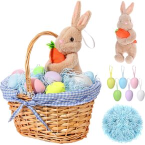 Easter Bunny Gift Basket, Include Wicker Basket with Liner Gingham, Easter Plush Bunny Rabbit, Easter Eggs, Raffia Paper Grass, Easter Gifts for Picnic Party Decoration(Pink)