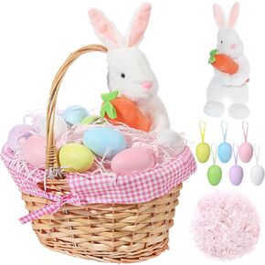 Easter Bunny Gift Basket, Include Wicker Basket with Liner Gingham, Easter Plush Bunny Rabbit, Easter Eggs, Raffia Paper Grass, Easter Gifts for Picnic Party Decoration(Pink)