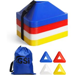 GSi Triangle Soccer Cones for Training - 40 Soccer Drill Cones in 4 Colors, Strap & Bag Included, Training Cones for Drills & Boundary Marking, Cones for Sports Training, Sports Cones for Kids