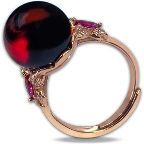 Black Cherry Amber Ring for Women Handmade 18K Rose Gold Plated 925 Sterling Silver Cubic Zirconia Stackable Band Size Adjustable Gift for Wedding Engagement Anniversary