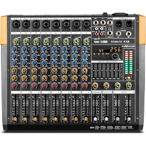 Bomaite KA8 Professional Mixer Sound Board Console 8 Channel Desk System Interface Digital USB MP3 Input 48V Phantom Power Stereo DJ Studio FX Steel Chassis, Black Bluetooth USB Audio Mixer for PC
