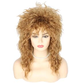 Topcosplay Womens Tina Wig with Necklace Earring Big Hair Wig Brown 70s 80s Rocker Mullet Wig Halloween Costume Party
