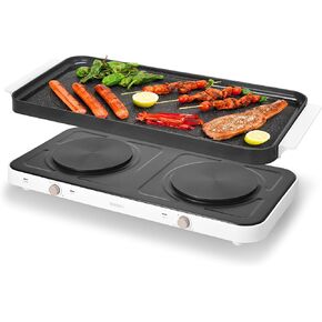 AEWHALE 2-in-1 Electric Griddle & Countertop Burner,2 Cooking Zone with Adjustable Temperature,1800W Electric Hot Plate with Removable Griddle Pan Non-stick