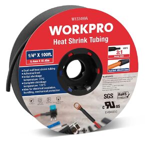 WORKPRO 100FT 3/8" Heat Shrink Tubing, 3:1 Ratio Dual Wall Adhesive Lined Heat Wire Shrink Wrap Tubing, Industrial and Marine Grade Shrinking Cable Tube, Flame Retardant and Waterproof, Black