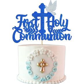 First Holy Communion Blue Cake Topper Decorations for Boys Girls Glitter First Communion Decorations Baptism Christening Baby Shower Party Supplies