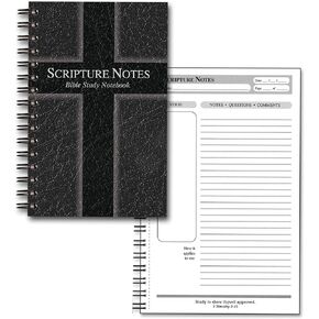 G.T. Luscombe Company, Inc. Scripture Notes, Bible Study, 9 x 5.5 inch, Spiral Bound, 100 Double-Sided Page, Hardboard Cover, Lined Notebook with Prompts and Text Boxes, Black