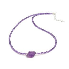 Gempires Mothers Day Gift Amethyst Beaded Choker Necklace with Raw Stone, Amethyst Faceted Beads 2.4-2.5 mm, February Birthstone, 18 inches Adjustable Silver Plated Chain