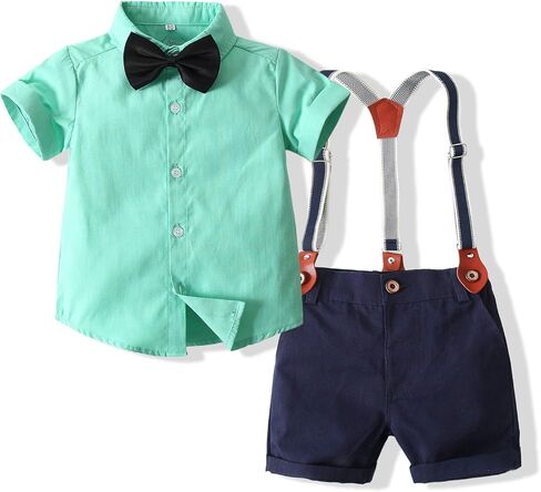 EVGVAT Toddler Baby Boys Outfit Sets Boy Short Sleeve Gentleman Dress Shirt with Bowtie Suspender Pants in Kuwait