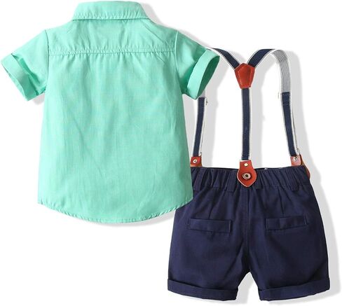 EVGVAT Toddler Baby Boys Outfit Sets Boy Short Sleeve Gentleman Dress Shirt with Bowtie Suspender Pants in Kuwait