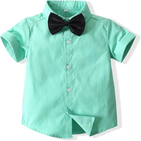 EVGVAT Toddler Baby Boys Outfit Sets Boy Short Sleeve Gentleman Dress Shirt with Bowtie Suspender Pants in Kuwait