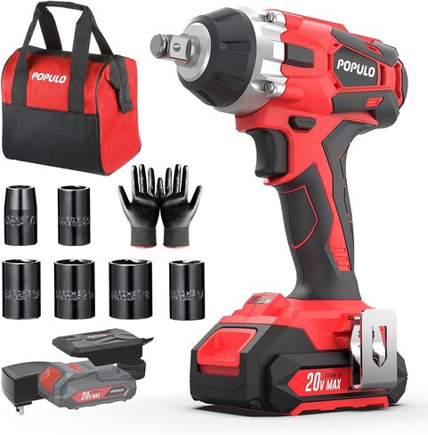 POPULO 20V Cordless Impact Wrench, Powerful ½" Chuck with 350Nm Torque and 0-3,000 Impact, Includes 6 Drive Impact Sockets, 2.0Ah Li-ion Battery, Fast Charger, Gloves, and Tool Bag in Kuwait
