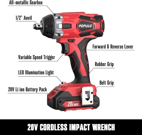 POPULO 20V Cordless Impact Wrench, Powerful ½" Chuck with 350Nm Torque and 0-3,000 Impact, Includes 6 Drive Impact Sockets, 2.0Ah Li-ion Battery, Fast Charger, Gloves, and Tool Bag in Kuwait