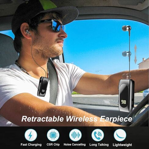 Retractable Wireless Headset Headphone Stereo Earphone V5.0 Noise Cancelling Mic Clip on Earpiece Comfortable HandsFree Headset 20Hrs Talking Time Sports Business Trucker Driver Earbud in Kuwait
