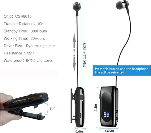 Retractable Wireless Headset Headphone Stereo Earphone V5.0 Noise Cancelling Mic Clip on Earpiece Comfortable HandsFree Headset 20Hrs Talking Time Sports Business Trucker Driver Earbud in Kuwait