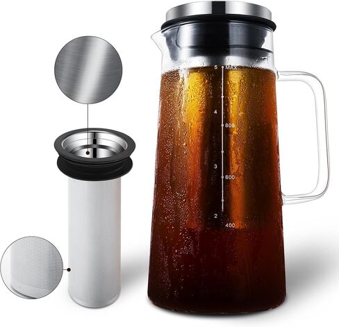 ماكينة صنع القهوة الباردة من Gulex® سعة 36 أونصة - 46 أونصة إبريق قهوة مثلج من الزجاج والفولاذ المقاوم للصدأ مع مقبض وفلتر شبكي ناعم بطبقة مزدوجة (36 أونصة (1000 مل) in Kuwait