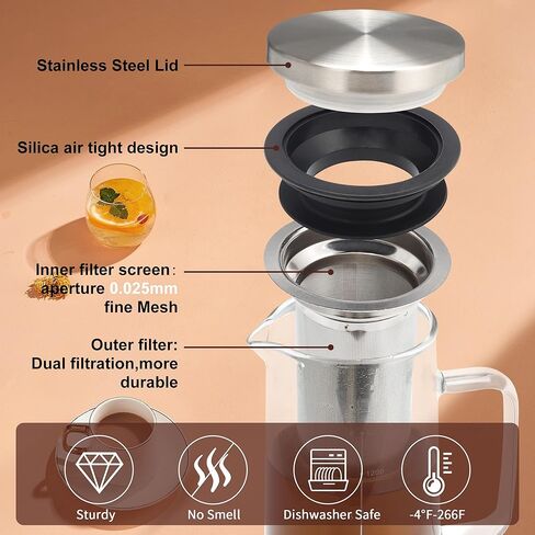 ماكينة صنع القهوة الباردة من Gulex® سعة 36 أونصة - 46 أونصة إبريق قهوة مثلج من الزجاج والفولاذ المقاوم للصدأ مع مقبض وفلتر شبكي ناعم بطبقة مزدوجة (36 أونصة (1000 مل) in Saudi Arabia