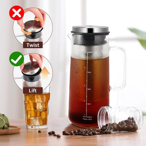 ماكينة صنع القهوة الباردة من Gulex® سعة 36 أونصة - 46 أونصة إبريق قهوة مثلج من الزجاج والفولاذ المقاوم للصدأ مع مقبض وفلتر شبكي ناعم بطبقة مزدوجة (36 أونصة (1000 مل) in Kuwait