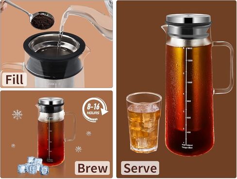 ماكينة صنع القهوة الباردة من Gulex® سعة 36 أونصة - 46 أونصة إبريق قهوة مثلج من الزجاج والفولاذ المقاوم للصدأ مع مقبض وفلتر شبكي ناعم بطبقة مزدوجة (36 أونصة (1000 مل) in Saudi Arabia