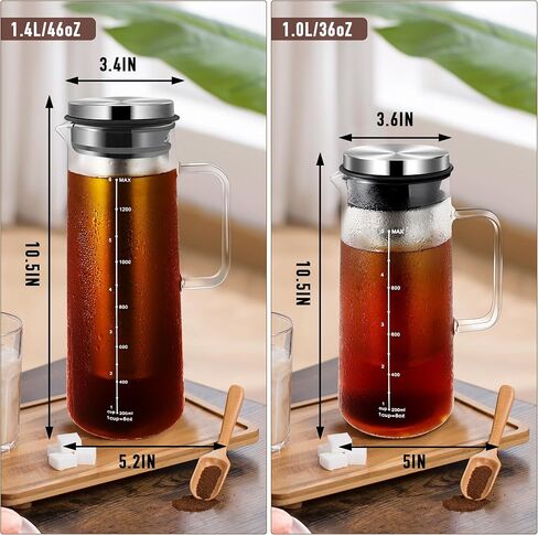 ماكينة صنع القهوة الباردة من Gulex® سعة 36 أونصة - 46 أونصة إبريق قهوة مثلج من الزجاج والفولاذ المقاوم للصدأ مع مقبض وفلتر شبكي ناعم بطبقة مزدوجة (36 أونصة (1000 مل) in Kuwait