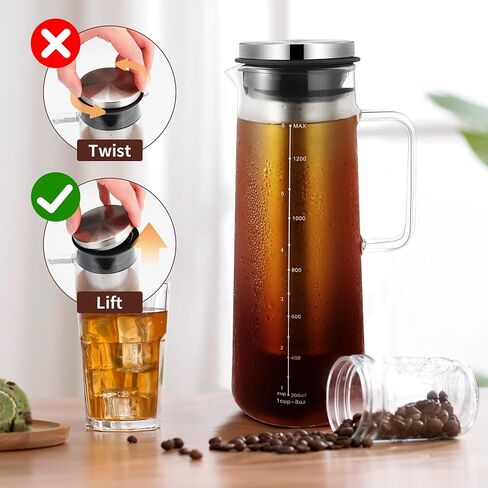 ماكينة صنع القهوة الباردة من Gulex® سعة 36 أونصة - 46 أونصة إبريق قهوة مثلج من الزجاج والفولاذ المقاوم للصدأ مع مقبض وفلتر شبكي ناعم بطبقة مزدوجة (36 أونصة (1000 مل) in Saudi Arabia