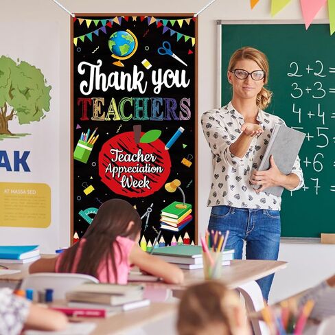 XHCYGWY غطاء باب ديكورات تقدير المعلم، لافتة باب شكرًا لك، لافتة باب المعلم مقاس 70.8 × 35.4 بوصة، ديكورات أسبوع تقدير المعلم، لافتة معلقة للباب الأمامي للترحيب بالضيوف in Kuwait