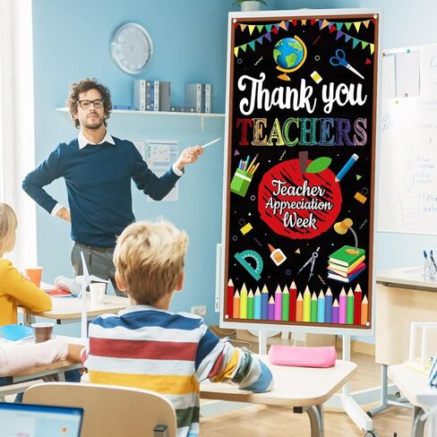 XHCYGWY غطاء باب ديكورات تقدير المعلم، لافتة باب شكرًا لك، لافتة باب المعلم مقاس 70.8 × 35.4 بوصة، ديكورات أسبوع تقدير المعلم، لافتة معلقة للباب الأمامي للترحيب بالضيوف in Kuwait