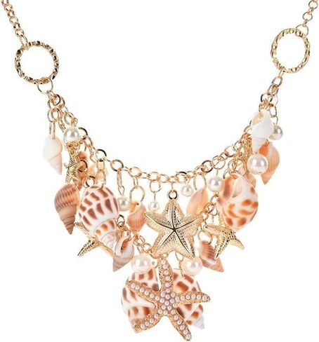 Shell Starfish Necklace for Women Girls Bohemian Sea Shell Conch Starfish Choker Collar Necklace Chunky Adjustable Tassel Chain Bib Necklace Summer Beach Statement Jewelry (Shell Starfish Necklace) in Saudi Arabia