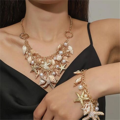 Shell Starfish Necklace for Women Girls Bohemian Sea Shell Conch Starfish Choker Collar Necklace Chunky Adjustable Tassel Chain Bib Necklace Summer Beach Statement Jewelry (Shell Starfish Necklace) in Saudi Arabia