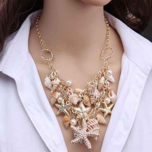 Shell Starfish Necklace for Women Girls Bohemian Sea Shell Conch Starfish Choker Collar Necklace Chunky Adjustable Tassel Chain Bib Necklace Summer Beach Statement Jewelry (Shell Starfish Necklace) in Saudi Arabia