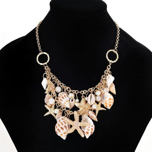 Shell Starfish Necklace for Women Girls Bohemian Sea Shell Conch Starfish Choker Collar Necklace Chunky Adjustable Tassel Chain Bib Necklace Summer Beach Statement Jewelry (Shell Starfish Necklace) in Saudi Arabia