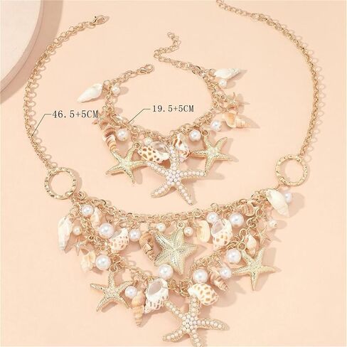 Shell Starfish Necklace for Women Girls Bohemian Sea Shell Conch Starfish Choker Collar Necklace Chunky Adjustable Tassel Chain Bib Necklace Summer Beach Statement Jewelry (Shell Starfish Necklace) in Saudi Arabia
