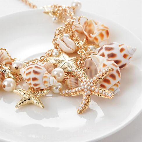 Shell Starfish Necklace for Women Girls Bohemian Sea Shell Conch Starfish Choker Collar Necklace Chunky Adjustable Tassel Chain Bib Necklace Summer Beach Statement Jewelry (Shell Starfish Necklace) in Saudi Arabia