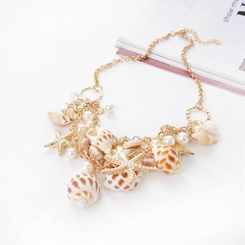 Shell Starfish Necklace for Women Girls Bohemian Sea Shell Conch Starfish Choker Collar Necklace Chunky Adjustable Tassel Chain Bib Necklace Summer Beach Statement Jewelry (Shell Starfish Necklace) in Saudi Arabia