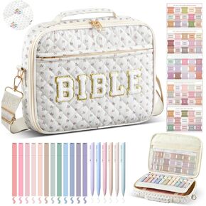 Quilted Bible Cover Case for Women 12 x 9 x 2.5 Inch Chenille Letter Bible Bag with Shoulder Strap Carrying Bags with Tabs 6 Colored Pens 12 Highlighters Christian Church Study Gifts(Bow,Pink) in Kuwait