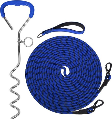 Mihachi Dog Tie Out Stake and Long Dog Leash, Reflective Recall Training Lead Leash with Removable Handle, 15.8in Ground Stake, Ideal for Yard, Camping and Beach, Suitable for Large Dogs,Orange 30FT in Kuwait