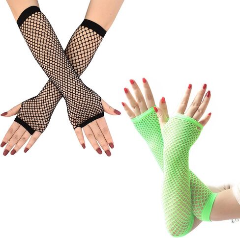 زوجان من قفازات شبكة صيد السمك النسائية الشبكية بدون أصابع لحفلات الأزياء التنكرية في الثمانينيات، وردي فاقع، طويل وقصير in Kuwait