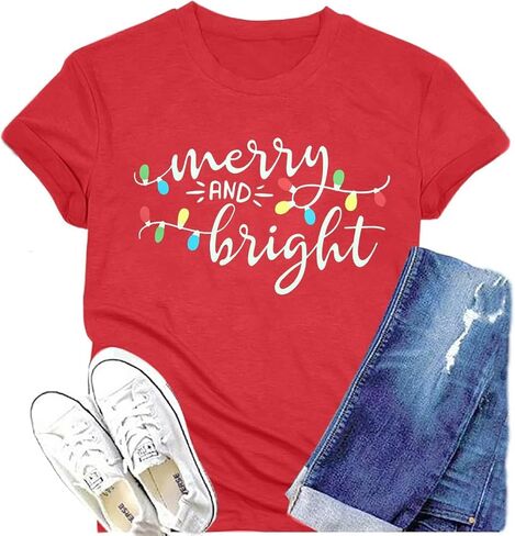 Christmas Shirt Merry and Bright Christmas Lights T-Shirts Women Xmas Lights Graphic Shirts Merry Christmas Holiday Top in Kuwait